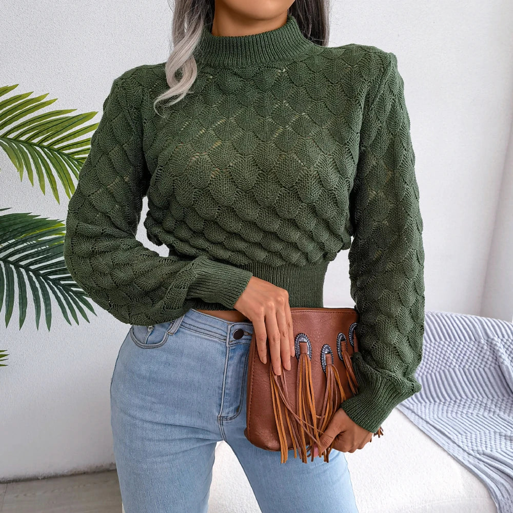 2025 Autumn Winter Women Casual Hollow Out Long Sleeve Knitted Pullovers and Sweaters Crop Top