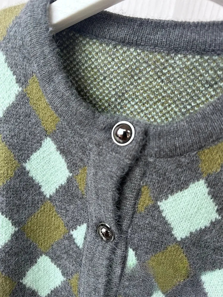 KONDALA Vintage Casual Chic Women Sweater Argyle O-Neck Long Sleeve Pockets Knitted Cardigans Fashion 2025 Autumn Winter Sweater