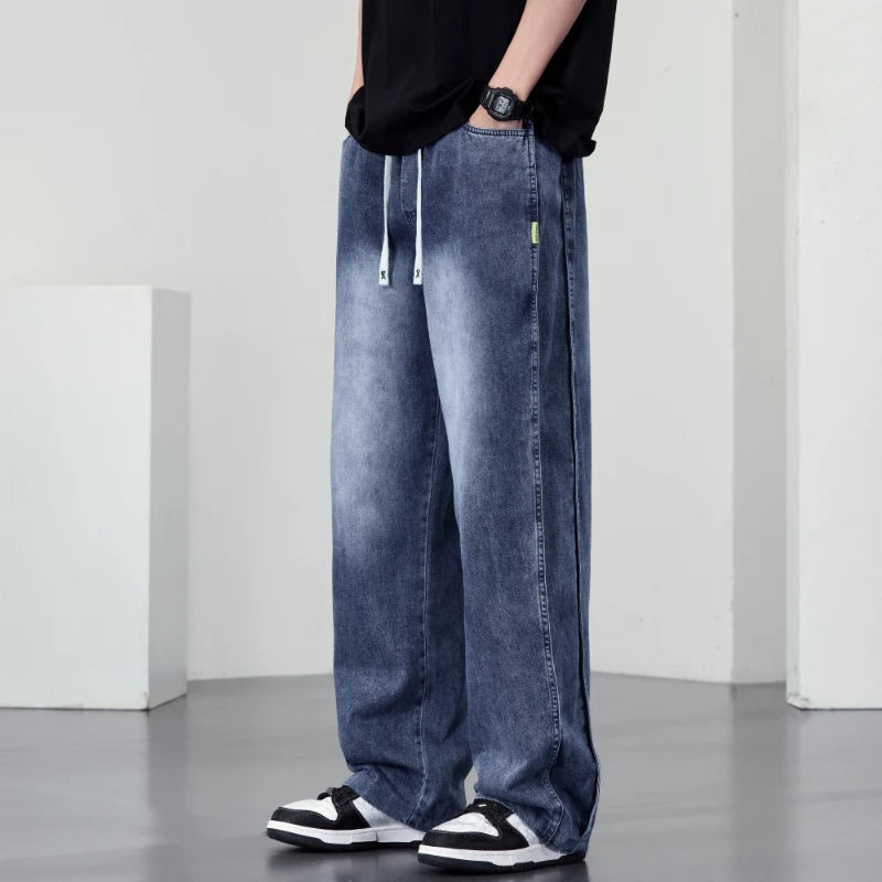 Spring autumn men outer pants Loose straight Autumn vintage jeans American retro loose casual straight-leg wide-leg long pants