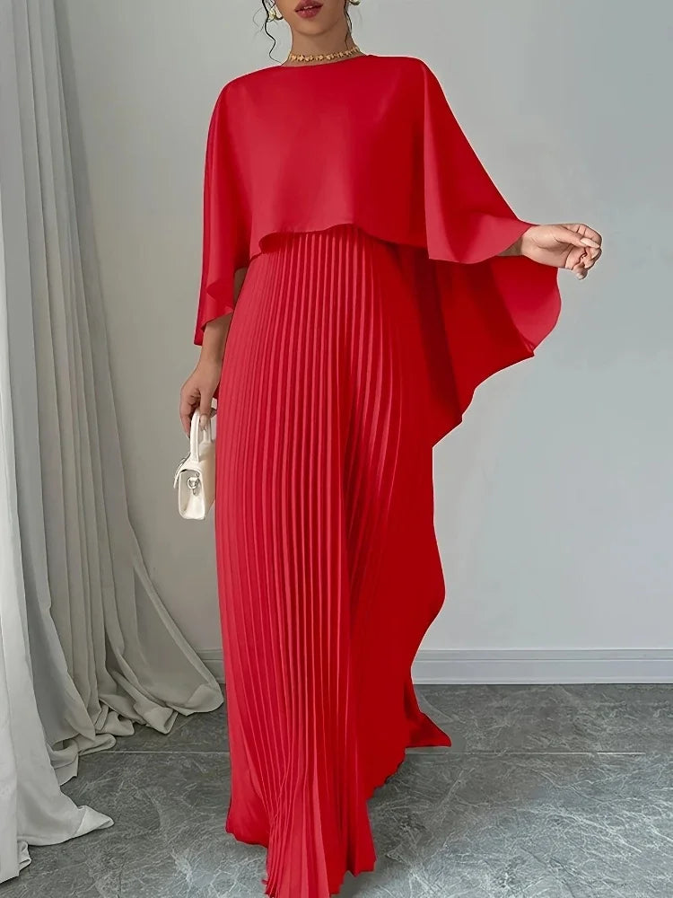 Spring Summer Elegant Crew Neck Pleated Dresses Women Casual Solid Loose Long Dress Cloak Sleeves Ruffle Maxi Dress Vestidos