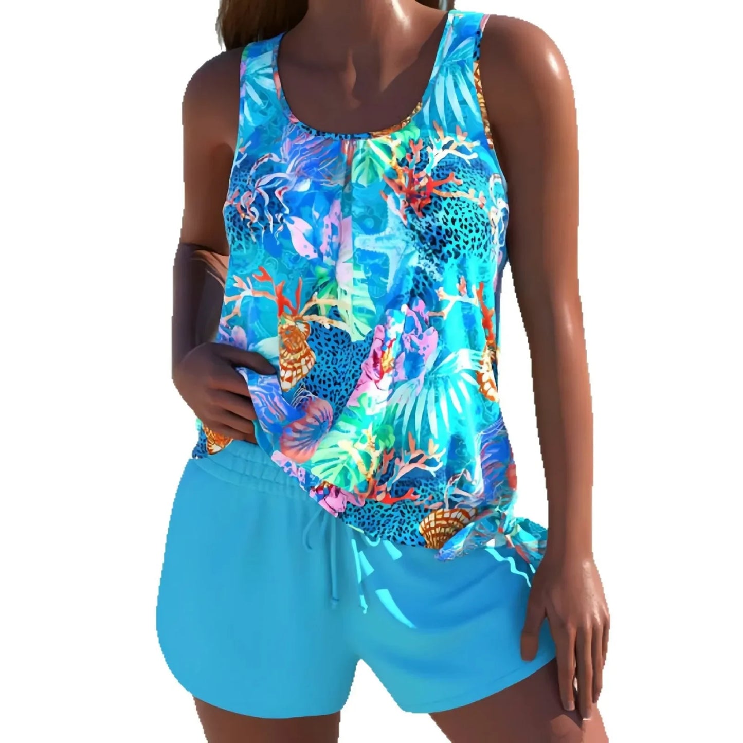 Printed Bikini Set Women's Tankini Cross-Border Sports Style Backless Conservative High Waist Swimsuit Female Fashionable