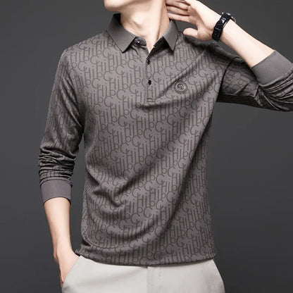 New Men's Business Casual Long Sleeved Shirt with Badge Solid Color Polo Shirt Fashionable Breathable Comfortable Versatile Top