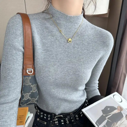 2025 Women's New Slim Long Sleeve Base Pullover Knitted Solid Color Turtleneck Sweater Versatile Autumn Winter Warm Tops