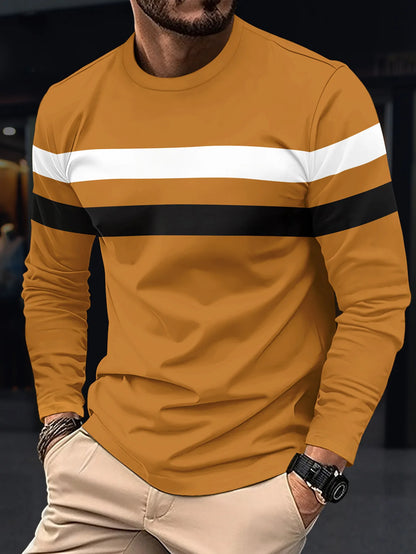 2025 Autumn/Winter Fashion Men's Long Sleeve Round Neck Splicing T-shirt Business Anti Wrinkle Street Wear Casual Top