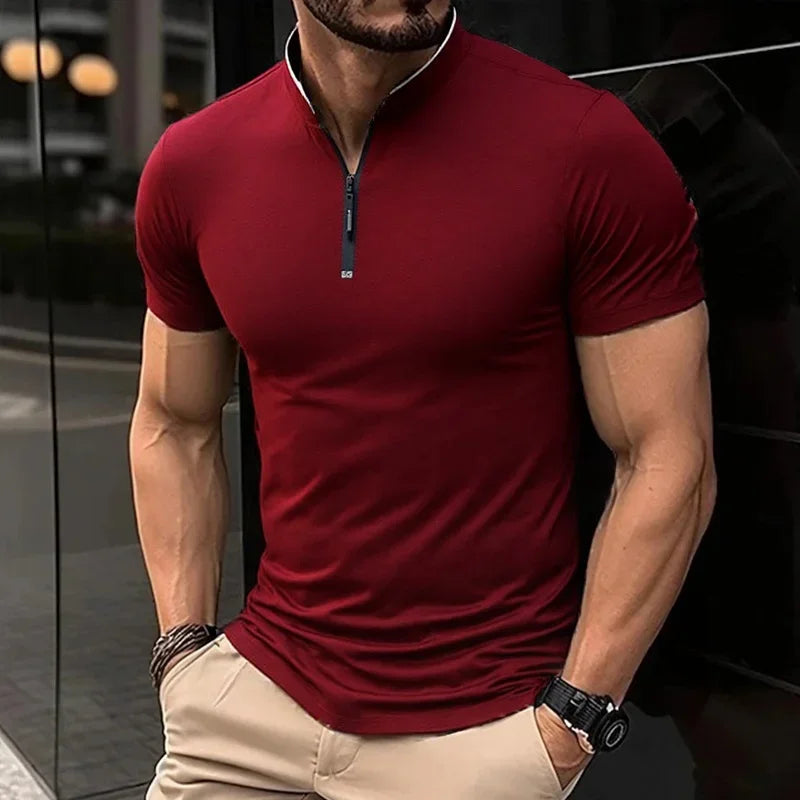 2025 New Men's Casual Fashion Solid Color Short Sleeved Polo Shirt Stand Up Collar Versatile Comfortable Top