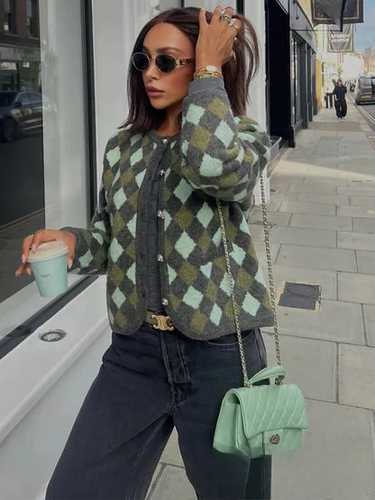 KONDALA Vintage Casual Chic Women Sweater Argyle O-Neck Long Sleeve Pockets Knitted Cardigans Fashion 2025 Autumn Winter Sweater