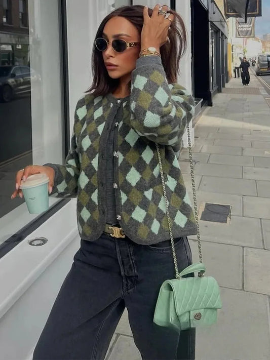 KONDALA Vintage Casual Chic Women Sweater Argyle O-Neck Long Sleeve Pockets Knitted Cardigans Fashion 2025 Autumn Winter Sweater