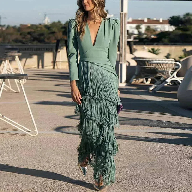 French Elegant Deep V Neck Slim Prom Dresses 2025 Spring Solid Spliced Tassel Long Dress Woman Long Sleeve New Autumn Maxi Dress