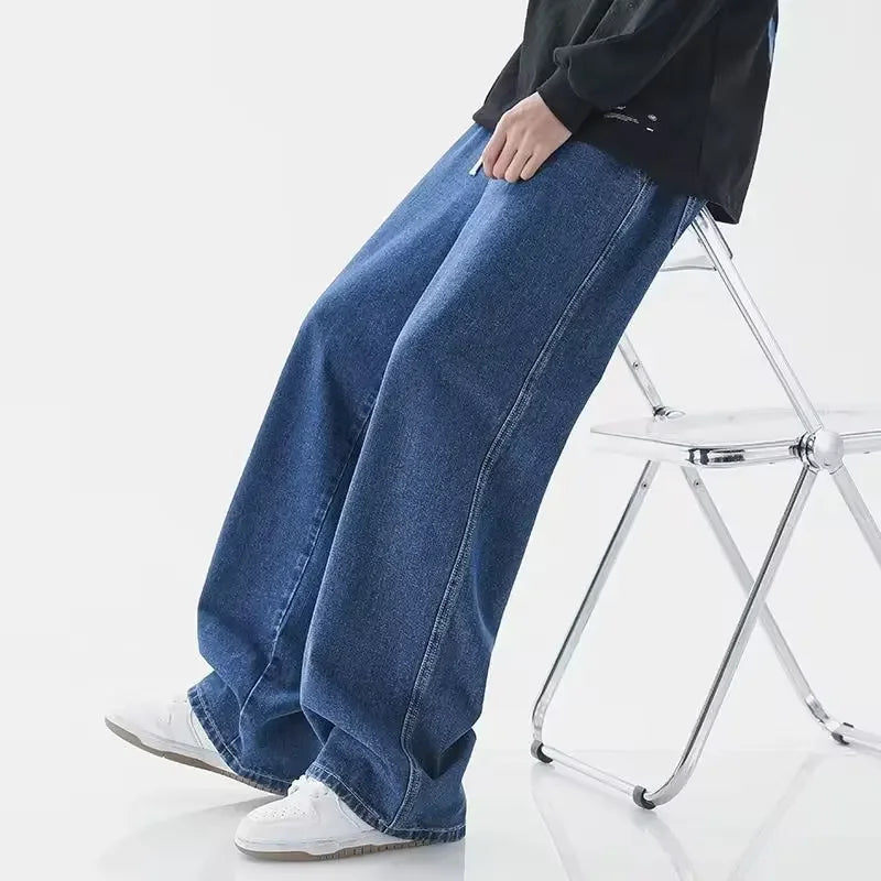2023New Streetwear Loose Jeans Men Korean Style Fashion Loose Straight Wide Leg Pants Men's Brand Clothing Black Light Blue