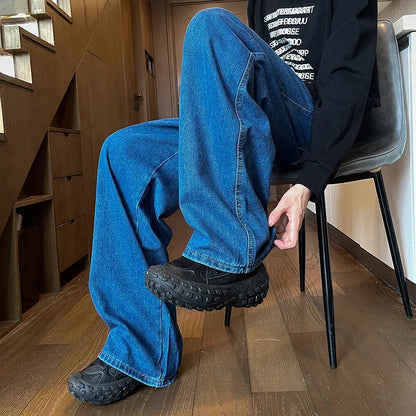 Men's Black Jeans, Classic Solid Color Loose Casual Pants, Fashionable and Versatile Baggy Straight Wide Leg Pants Gray Blue