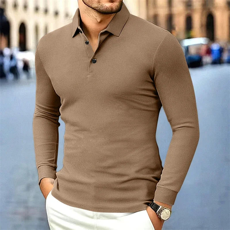 New Men's Business Casual Long Sleeved Shirt Solid Color Polo Shirt Fashionable Breathable Comfortable Versatile Top