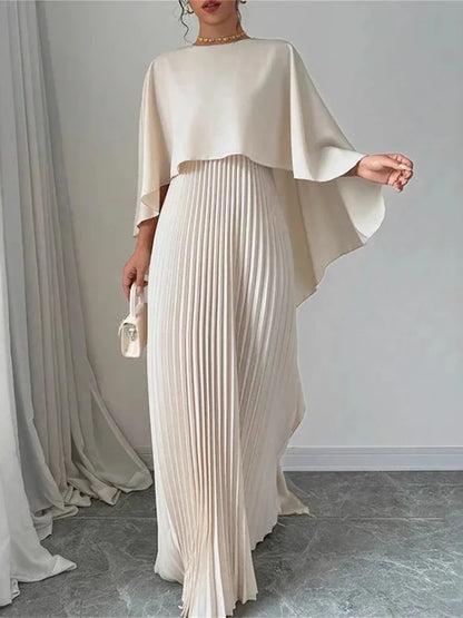 Spring Summer Elegant Crew Neck Pleated Dresses Women Casual Solid Loose Long Dress Cloak Sleeves Ruffle Maxi Dress Vestidos