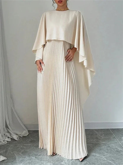 Spring Summer Elegant Crew Neck Pleated Dresses Women Casual Solid Loose Long Dress Cloak Sleeves Ruffle Maxi Dress Vestidos