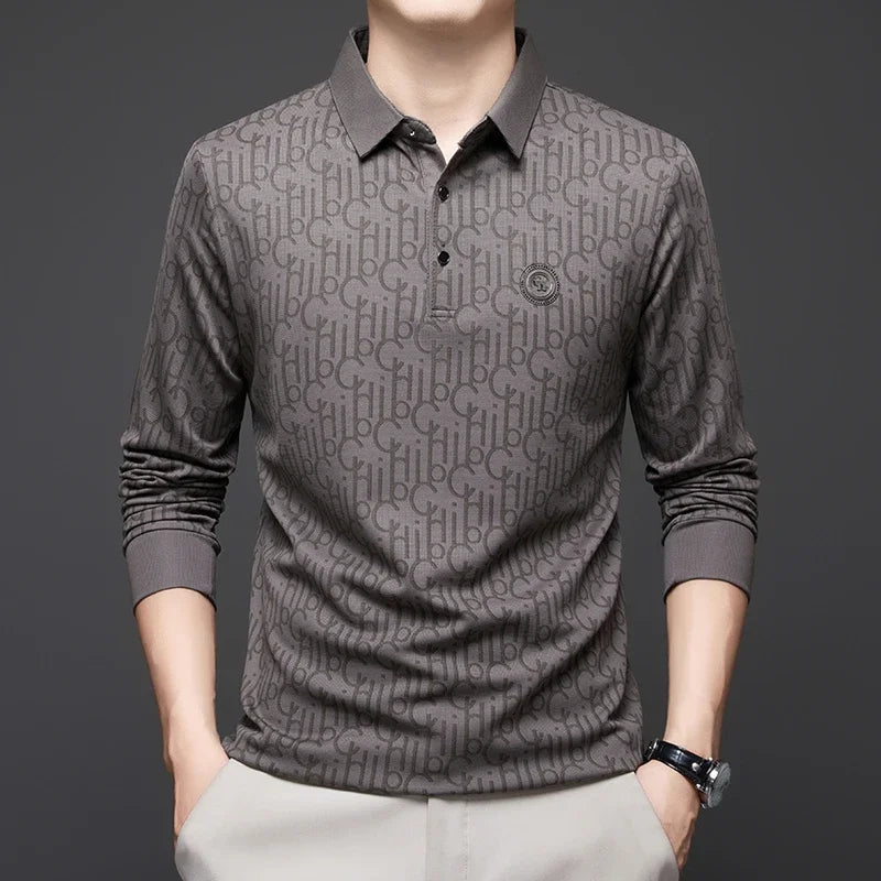 New Men's Business Casual Long Sleeved Shirt with Badge Solid Color Polo Shirt Fashionable Breathable Comfortable Versatile Top