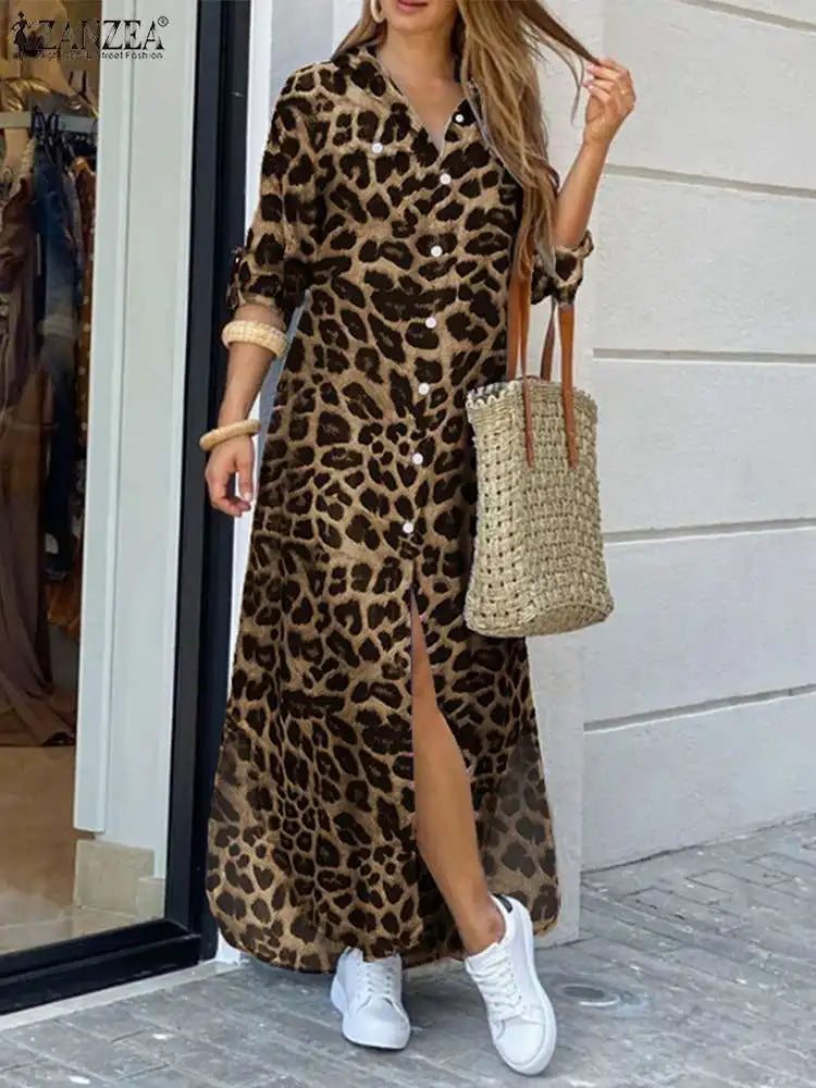 ZANZEA Party Vintage Leopard Robe Women 2025 Autumn Casual Long Sleeve Maxi Long Vestidos Dress Fashion Oversized Shirt Sundress