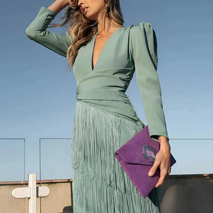 French Elegant Deep V Neck Slim Prom Dresses 2025 Spring Solid Spliced Tassel Long Dress Woman Long Sleeve New Autumn Maxi Dress