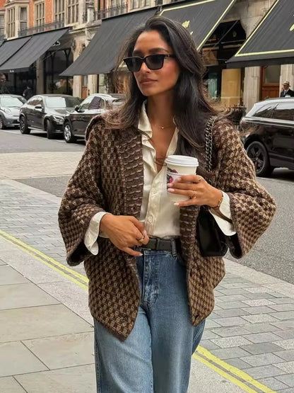 2025 New Autumn Brown Long Sleeve Knitted Cardigans Women Elegant Lapel Single Breasted Loose Sweater Coat Knitwear Korean Style