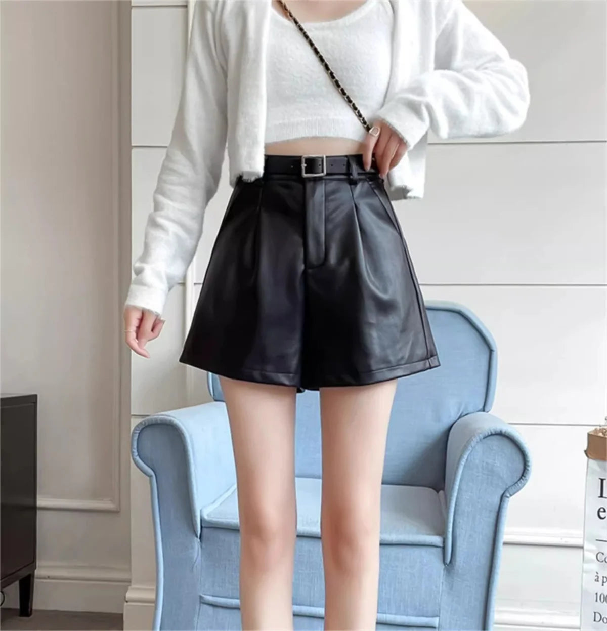 Fashion PU Solid Shorts Women Autumn Winter Retro A Line High Waist Button Zipper Short Pants Y2K Streeet Wide Leg Shorts Korean