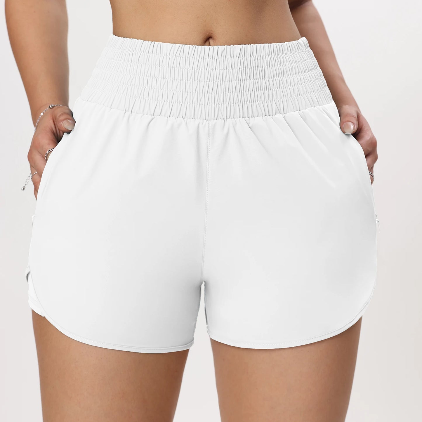 CHRLEISURE Women's Running Shorts with Zipper Pockets Quick-Dry Gym Shorts with Liner Elastic Waist Band Athletic Shorts