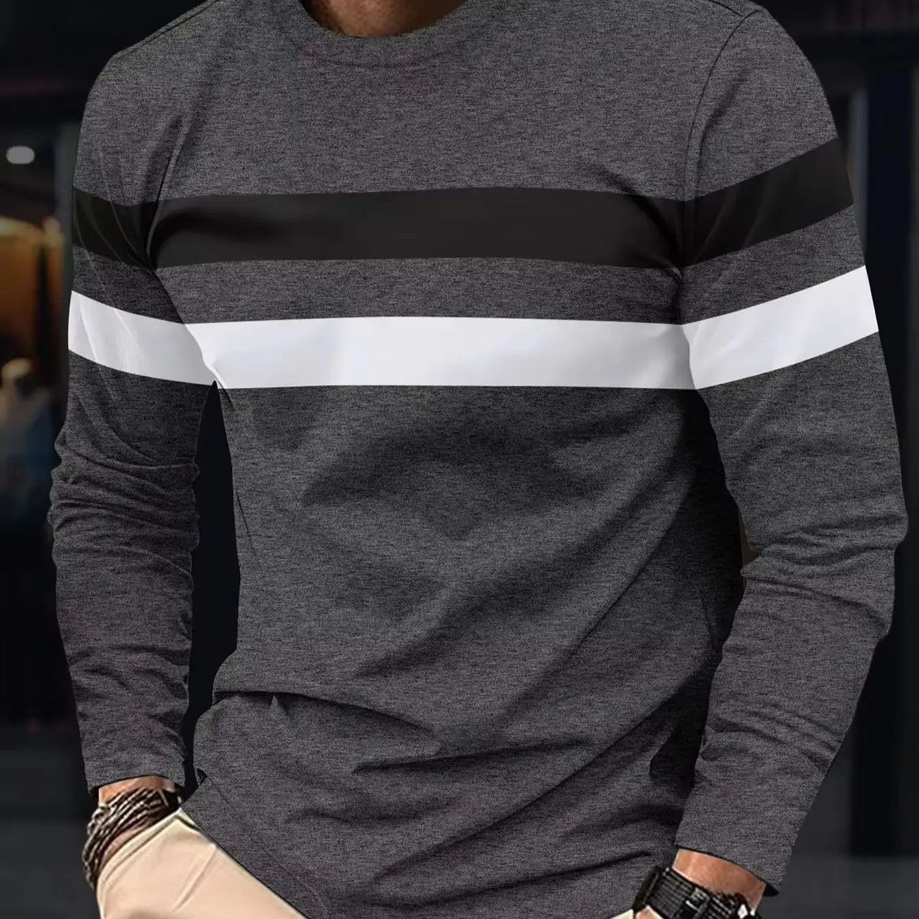 2025 Autumn/Winter Fashion Men's Long Sleeve Round Neck Splicing T-shirt Business Anti Wrinkle Street Wear Casual Top