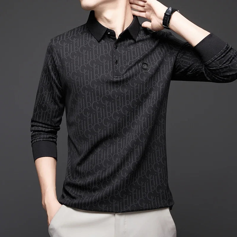 New Men's Business Casual Long Sleeved Shirt with Badge Solid Color Polo Shirt Fashionable Breathable Comfortable Versatile Top