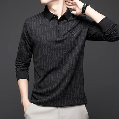 New Men's Business Casual Long Sleeved Shirt with Badge Solid Color Polo Shirt Fashionable Breathable Comfortable Versatile Top