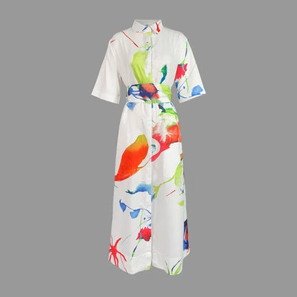 Women's Casual Elegant Dress Summer 2025 Spring Half Sleeves Loose Asymmetric Printed Split-Joint Tied Waist Lapel Maxi Dresses