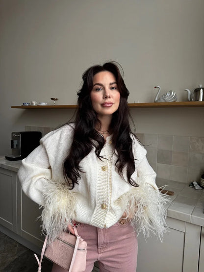 Chic Leather Patchwork Coat Women Fashion Long Sleeves Round Neck Loose Tassel Knitted Cardigan Daily Commute Outerwear 2025 New