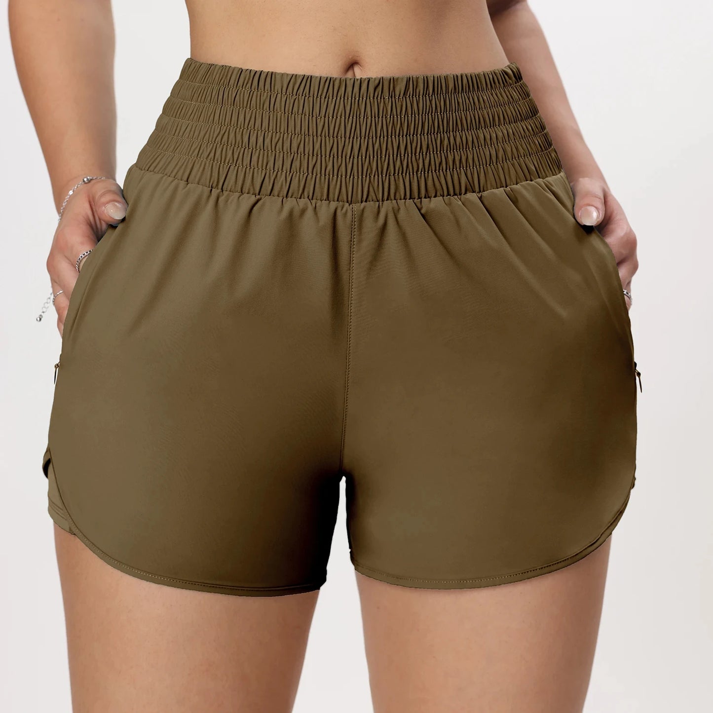 CHRLEISURE Women's Running Shorts with Zipper Pockets Quick-Dry Gym Shorts with Liner Elastic Waist Band Athletic Shorts