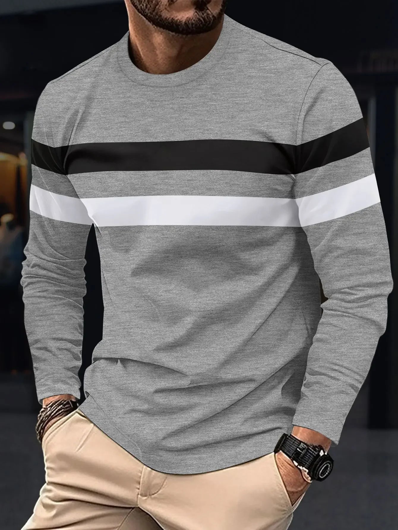 2025 Autumn/Winter Fashion Men's Long Sleeve Round Neck Splicing T-shirt Business Anti Wrinkle Street Wear Casual Top