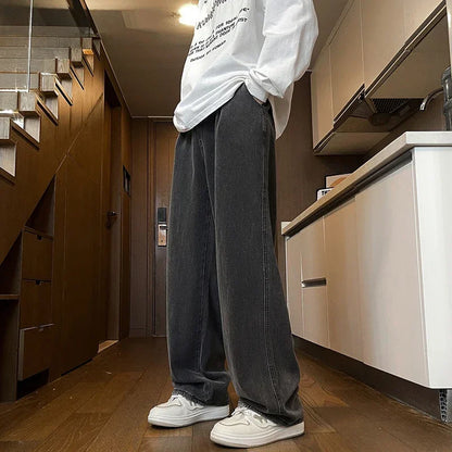 Men's Black Jeans, Classic Solid Color Loose Casual Pants, Fashionable and Versatile Baggy Straight Wide Leg Pants Gray Blue