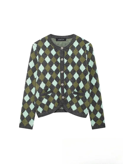KONDALA Vintage Casual Chic Women Sweater Argyle O-Neck Long Sleeve Pockets Knitted Cardigans Fashion 2025 Autumn Winter Sweater