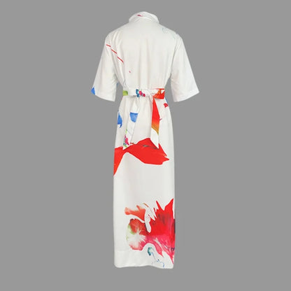 Women's Casual Elegant Dress Summer 2025 Spring Half Sleeves Loose Asymmetric Printed Split-Joint Tied Waist Lapel Maxi Dresses