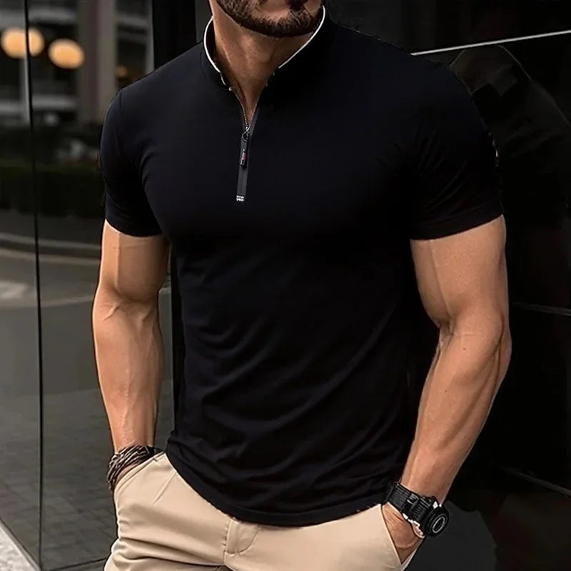 2025 New Men's Casual Fashion Solid Color Short Sleeved Polo Shirt Stand Up Collar Versatile Comfortable Top