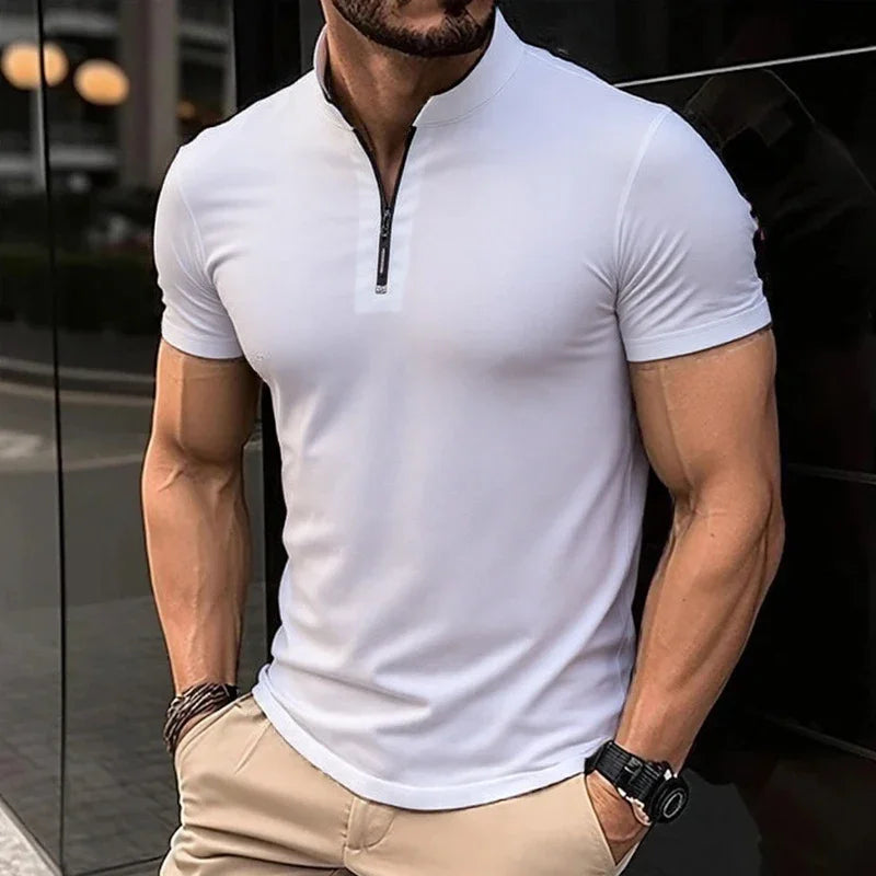 2025 New Men's Casual Fashion Solid Color Short Sleeved Polo Shirt Stand Up Collar Versatile Comfortable Top