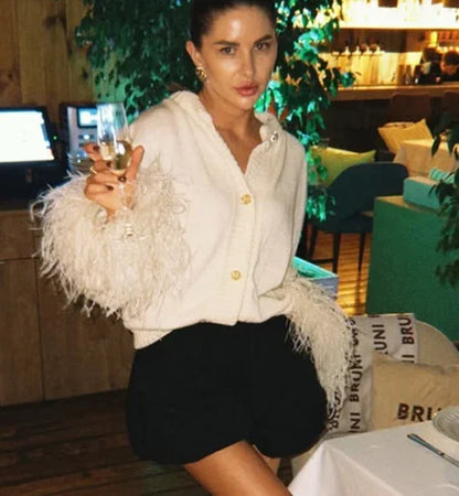 Chic Leather Patchwork Coat Women Fashion Long Sleeves Round Neck Loose Tassel Knitted Cardigan Daily Commute Outerwear 2025 New