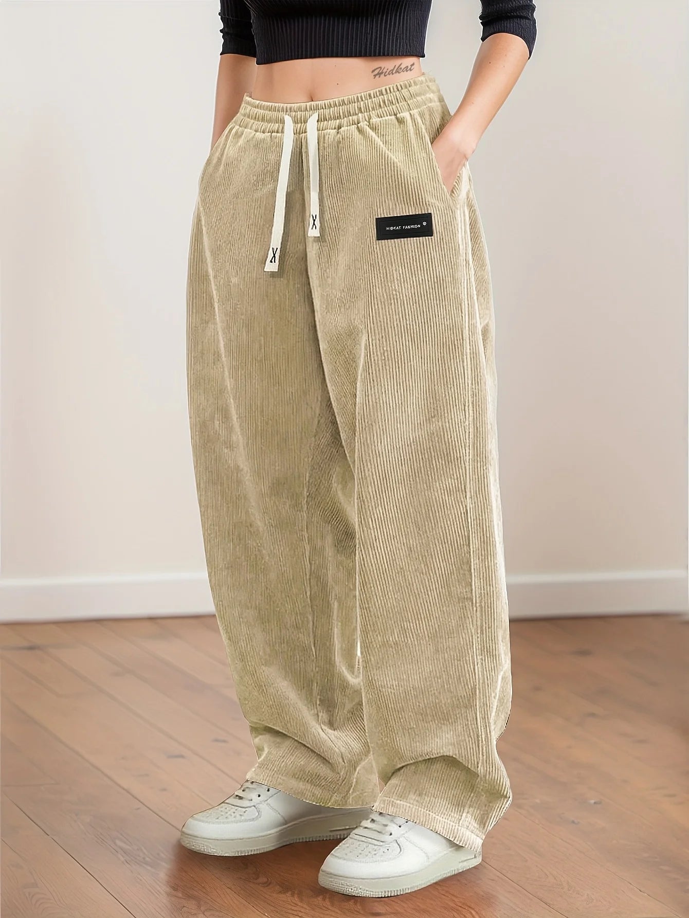 Women's Corduroy Pants Texture Straight-Leg Trousers with Drawstring Waist & White Piping - All-Season Casual to Semi-Formal