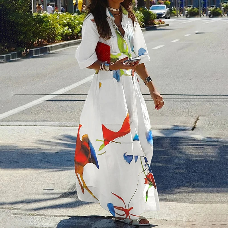 Women's Casual Elegant Dress Summer 2025 Spring Half Sleeves Loose Asymmetric Printed Split-Joint Tied Waist Lapel Maxi Dresses