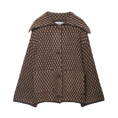 2025 New Autumn Brown Long Sleeve Knitted Cardigans Women Elegant Lapel Single Breasted Loose Sweater Coat Knitwear Korean Style
