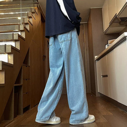 Men's Black Jeans, Classic Solid Color Loose Casual Pants, Fashionable and Versatile Baggy Straight Wide Leg Pants Gray Blue