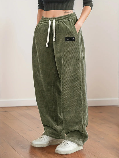 Women's Corduroy Pants Texture Straight-Leg Trousers with Drawstring Waist & White Piping - All-Season Casual to Semi-Formal