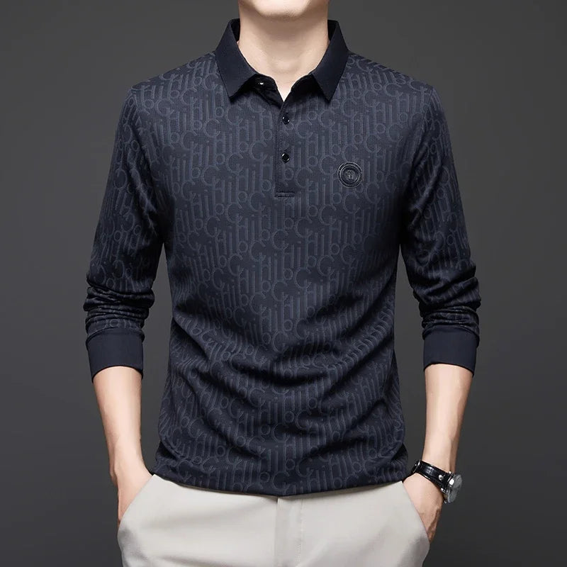 New Men's Business Casual Long Sleeved Shirt with Badge Solid Color Polo Shirt Fashionable Breathable Comfortable Versatile Top