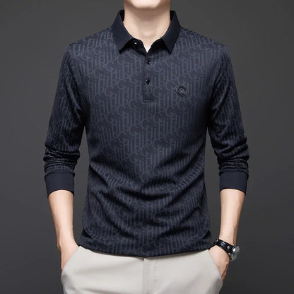 New Men's Business Casual Long Sleeved Shirt with Badge Solid Color Polo Shirt Fashionable Breathable Comfortable Versatile Top