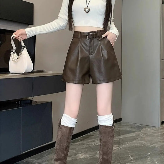 Fashion PU Solid Shorts Women Autumn Winter Retro A Line High Waist Button Zipper Short Pants Y2K Streeet Wide Leg Shorts Korean