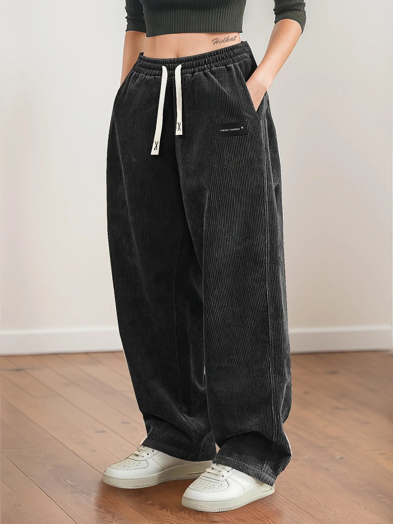 Women's Corduroy Pants Texture Straight-Leg Trousers with Drawstring Waist & White Piping - All-Season Casual to Semi-Formal