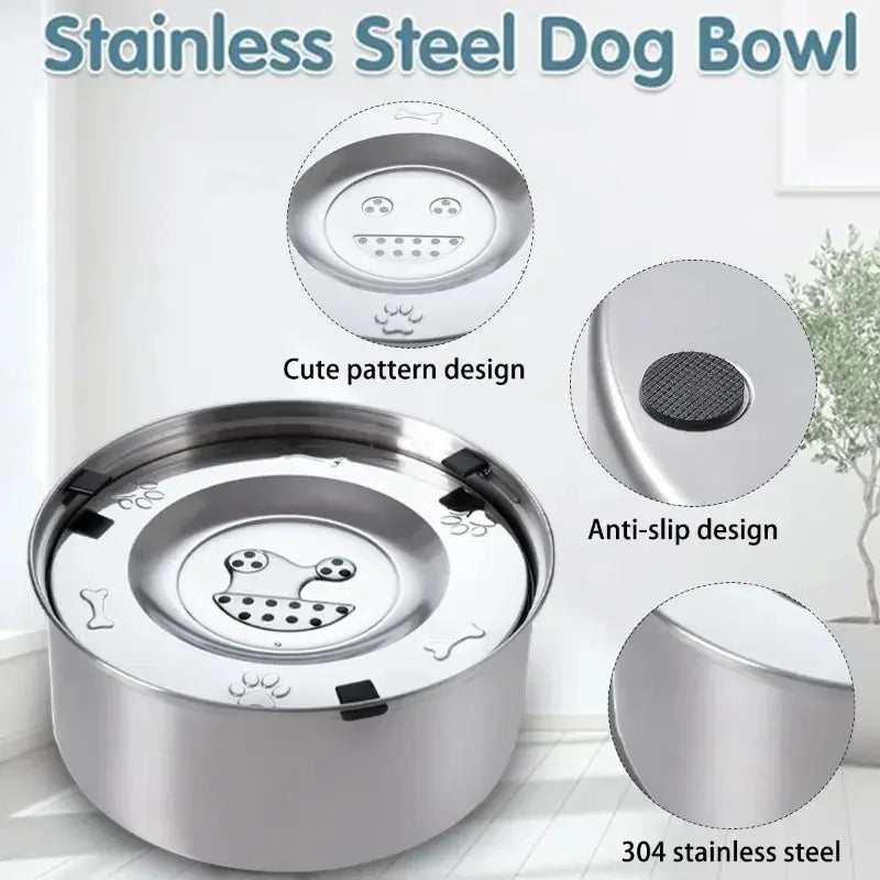 No Spill Water Bowl for Dogs, 1L/3L Stainless Steel Non-Slip Slow Feeder Dog Bowl, Dispenser for Medium Large Dogs and Cats