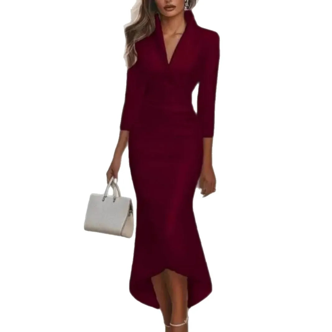 New Women's Autumn Winter Elegant Formal Dress V-neck Vestidos Femininos 2025 Long-sleeved Versatile Solid Color Evening  Robes
