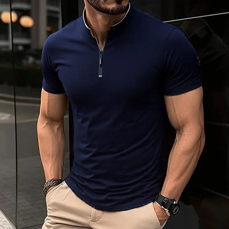 2025 New Men's Casual Fashion Solid Color Short Sleeved Polo Shirt Stand Up Collar Versatile Comfortable Top