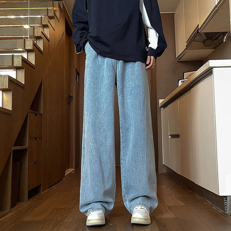 Men's Black Jeans, Classic Solid Color Loose Casual Pants, Fashionable and Versatile Baggy Straight Wide Leg Pants Gray Blue