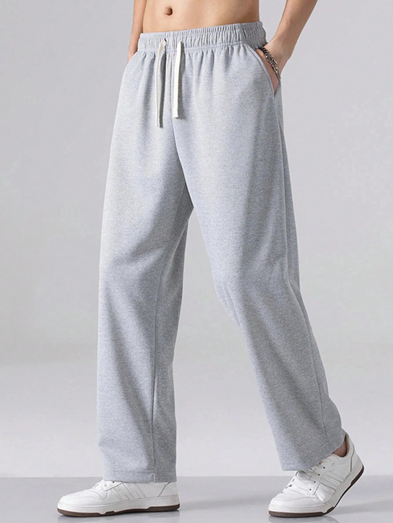 Men's Regular Fit Solid Color Drawstring Waist Sports Pants Autumn and Winter Casual Pocket Design Pants Men's Daily Trousers